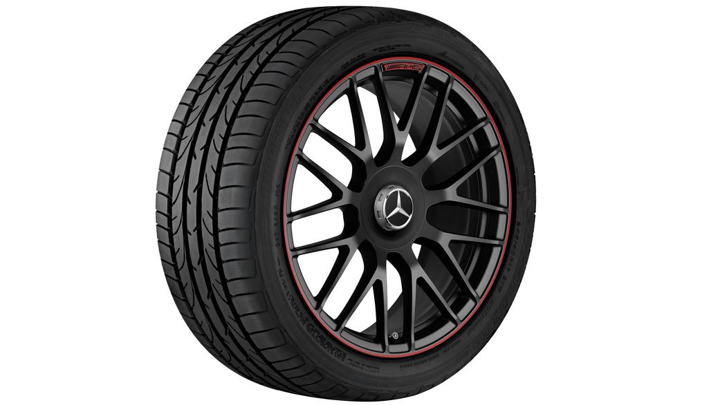 AMG forged wheel in cross-spoke design, 48.3 cm (19-inch), rim flange painted red, C-Class, 265/35 , black matt, A20540118009Y15 AMG forged wheel in cross-spoke design, 48.3 cm (19-inch), rim flange painted red, C-Class, 265/35 , black matt, A20540118009Y15