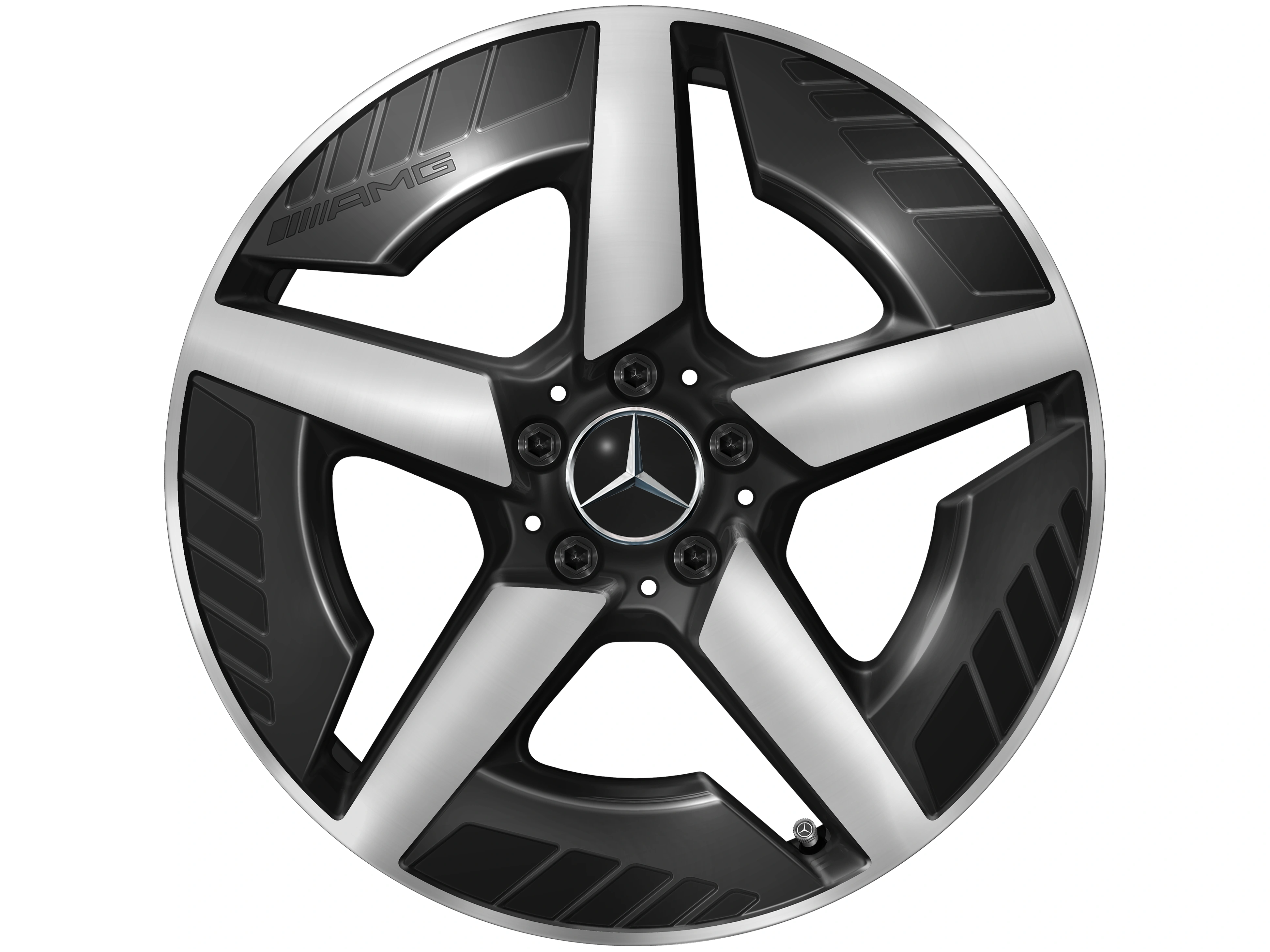 AMG Leichtmetallrad, im 5-Speichen-Design, 48,3 cm (19 Zoll), 9 J x 19 ET 58,7, schwarz, glanzgedreht, A52040115007X23 AMG Leichtmetallrad, im 5-Speichen-Design, 48,3 cm (19 Zoll), 9 J x 19 ET 58,7, schwarz, glanzgedreht, A52040115007X23