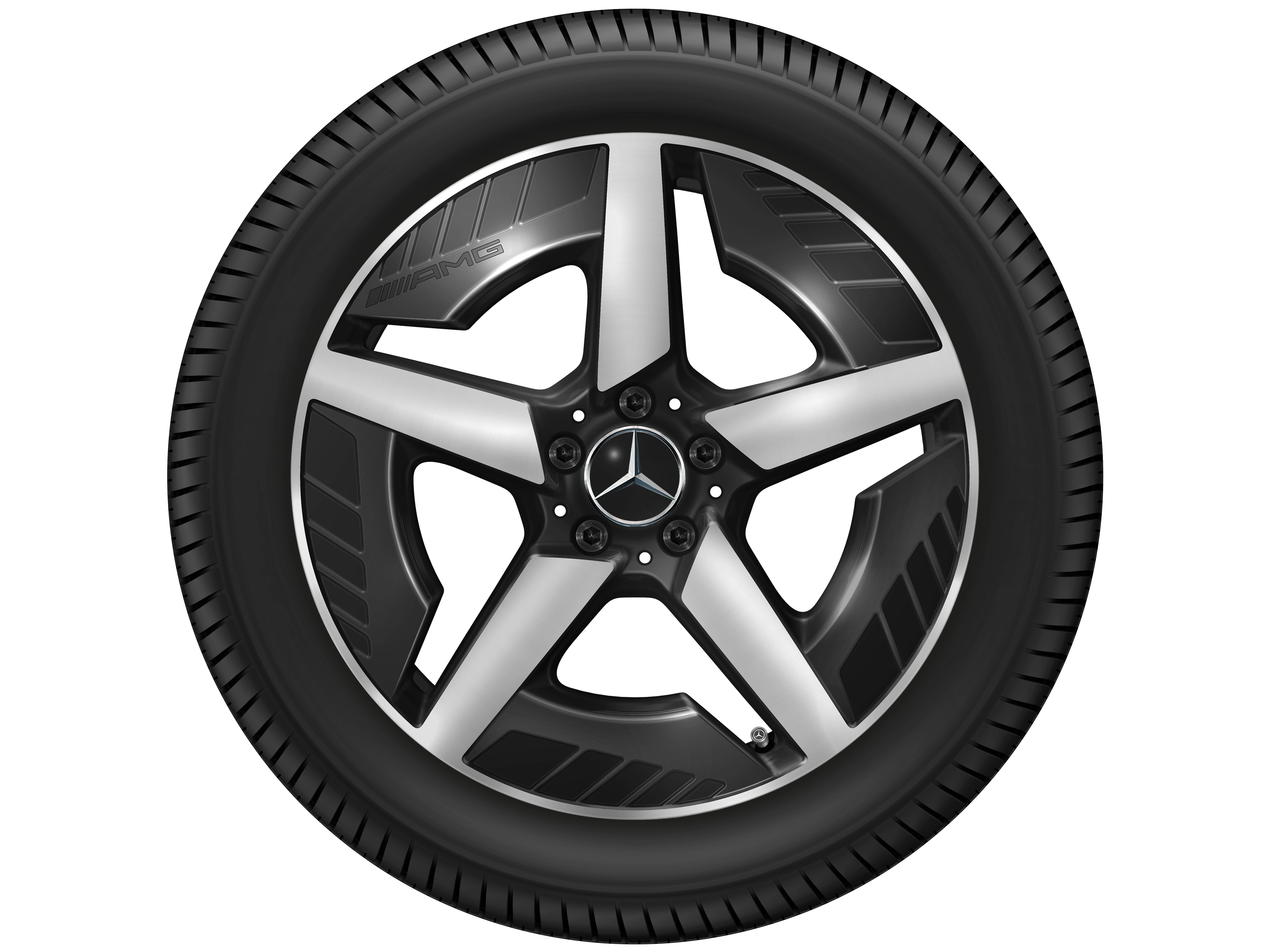 AMG Leichtmetallrad, im 5-Speichen-Design, 48,3 cm (19 Zoll), 9 J x 19 ET 58,7, schwarz, glanzgedreht, A52040115007X23 AMG Leichtmetallrad, im 5-Speichen-Design, 48,3 cm (19 Zoll), 9 J x 19 ET 58,7, schwarz, glanzgedreht, A52040115007X23
