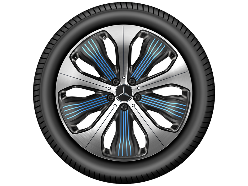 5-Speichen-Rad, mit Zusatzspeichen, 50,8 cm (20 Zoll), glanzgedreht, Aero mit blauen Applikationen, GLC/ EQC, 235/50 R20/, schwarz, A29340103005X25