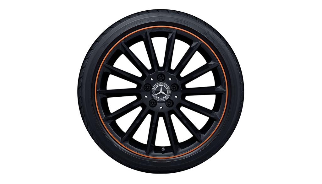 AMG multi-spoke wheel, 48.3 cm (19-inch), rim flange painted orange, CLA/ B-Class/ A-Class, 225/40 R19/, black, A17740116009Y14 AMG multi-spoke wheel, 48.3 cm (19-inch), rim flange painted orange, CLA/ B-Class/ A-Class, 225/40 R19/, black, A17740116009Y14