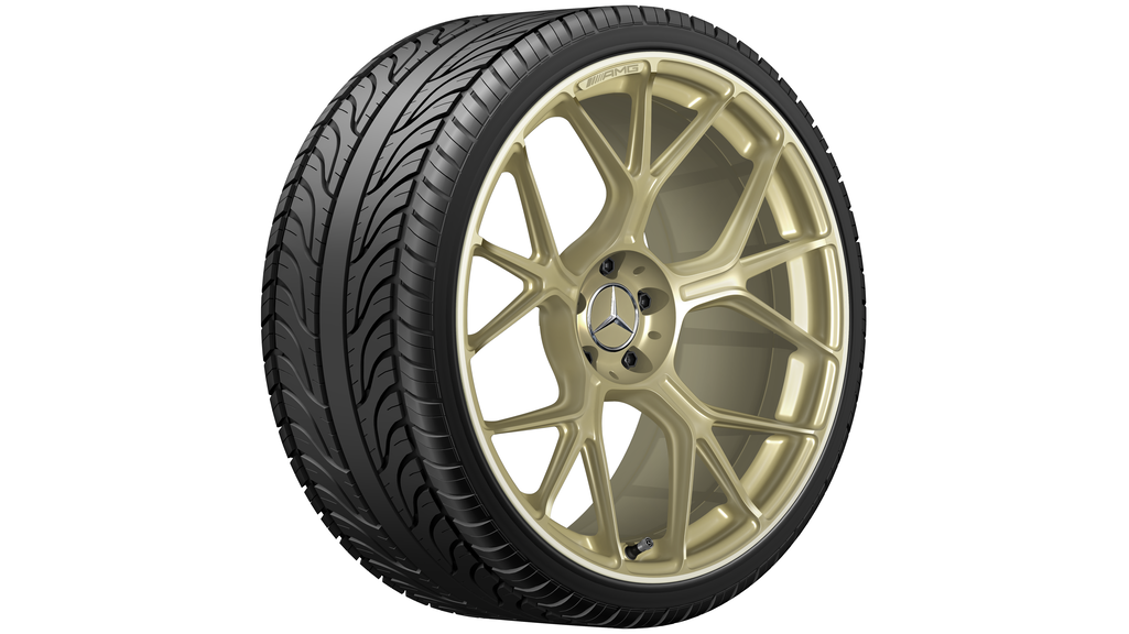 AMG Schmiederad im Kreuzspeichen-Design, 53,3 cm (21 Zoll), AMG GT, 305/30 R21/, schwarz matt, goldfarben, A19240114001X71 AMG Schmiederad im Kreuzspeichen-Design, 53,3 cm (21 Zoll), AMG GT, 305/30 R21/, schwarz matt, goldfarben, A19240114001X71