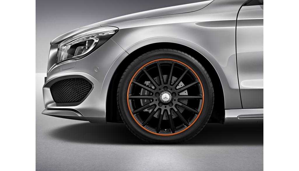 AMG multi-spoke wheel, 45.7 cm (18-inch), rim flange painted orange, CLA/ B-Class/ A-Class, 225/40 R18/, black, A17640102009Y14 AMG multi-spoke wheel, 45.7 cm (18-inch), rim flange painted orange, CLA/ B-Class/ A-Class, 225/40 R18/, black, A17640102009Y14