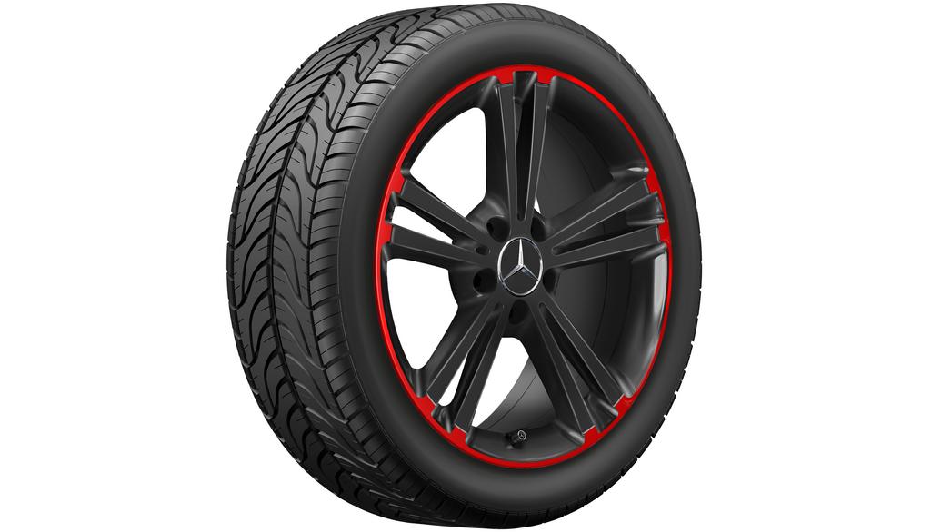 5-dubbelspaaks velg, 45,7 cm (18 inch), rode velgrand, CLA/B-Klasse/A-Klasse, 225/45 R18/, zwart, rood, A17740113009Y23 5-dubbelspaaks velg, 45,7 cm (18 inch), rode velgrand, CLA/B-Klasse/A-Klasse, 225/45 R18/, zwart, rood, A17740113009Y23
