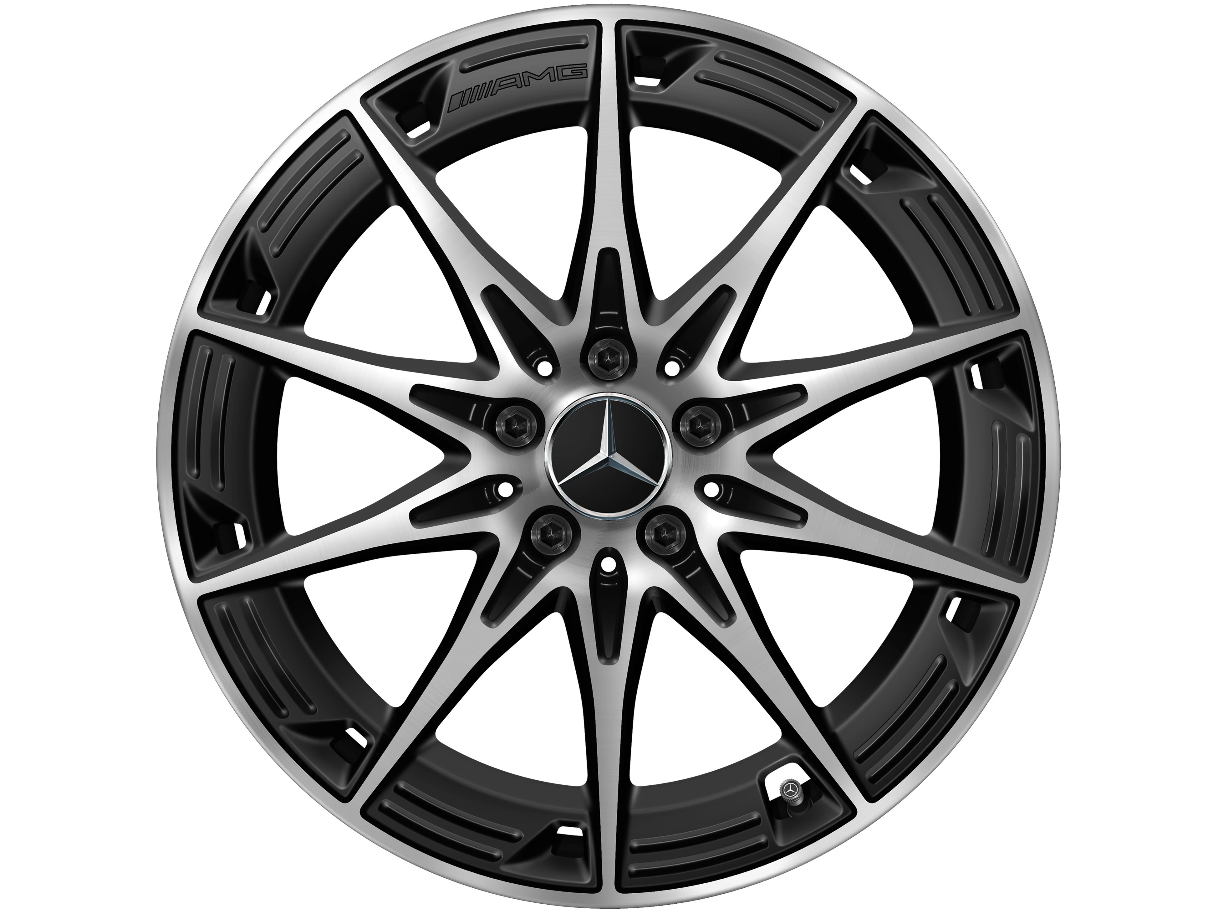AMG Leichtmetallrad, im 10-Speichen-Design, 48,3 cm (19 Zoll), 9 J x 19 ET 48, schwarz matt, glanzgedreht, A17440118007X36 AMG Leichtmetallrad, im 10-Speichen-Design, 48,3 cm (19 Zoll), 9 J x 19 ET 48, schwarz matt, glanzgedreht, A17440118007X36