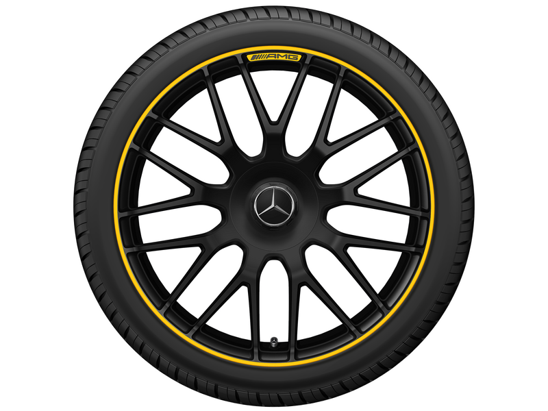 AMG Schmiederad im Kreuzspeichen-Design, 48,3 cm (19 Zoll), Felgenhorn gelb lackiert, C-Klasse, 255/35 R19/, schwarz matt, A20540159009Y43