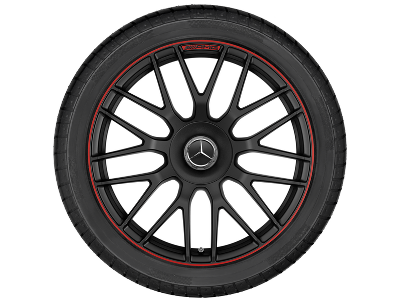 Mercedes AMG Felge 19 Zoll schwarz mit Reifen Mercedes-Benz Leichtmetallfelge schwarz mit rotem Rand und Pirelli-Reifen