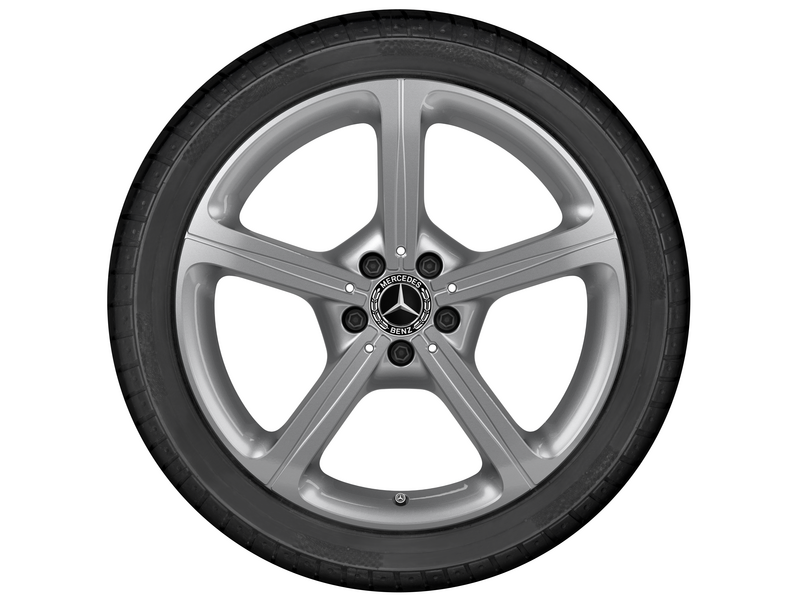 Mercedes Alufelge 5-Speichen Design Silbernes 5-Speichen-Leichtmetallrad mit schwarzem Reifen und Mercedes-Stern-Logo