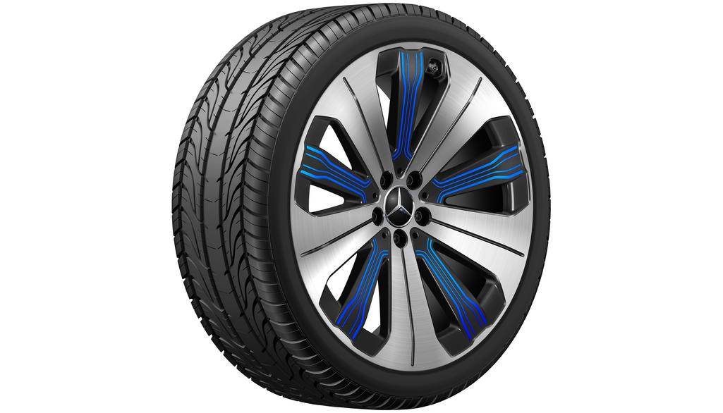 Cerchio a 5 razze, con razze supplementari, 50,8 cm (20 pollici), lucido, Aero con applicazioni blu, GLC/ EQC, 235/50 R20/, nero, A29340103005X31