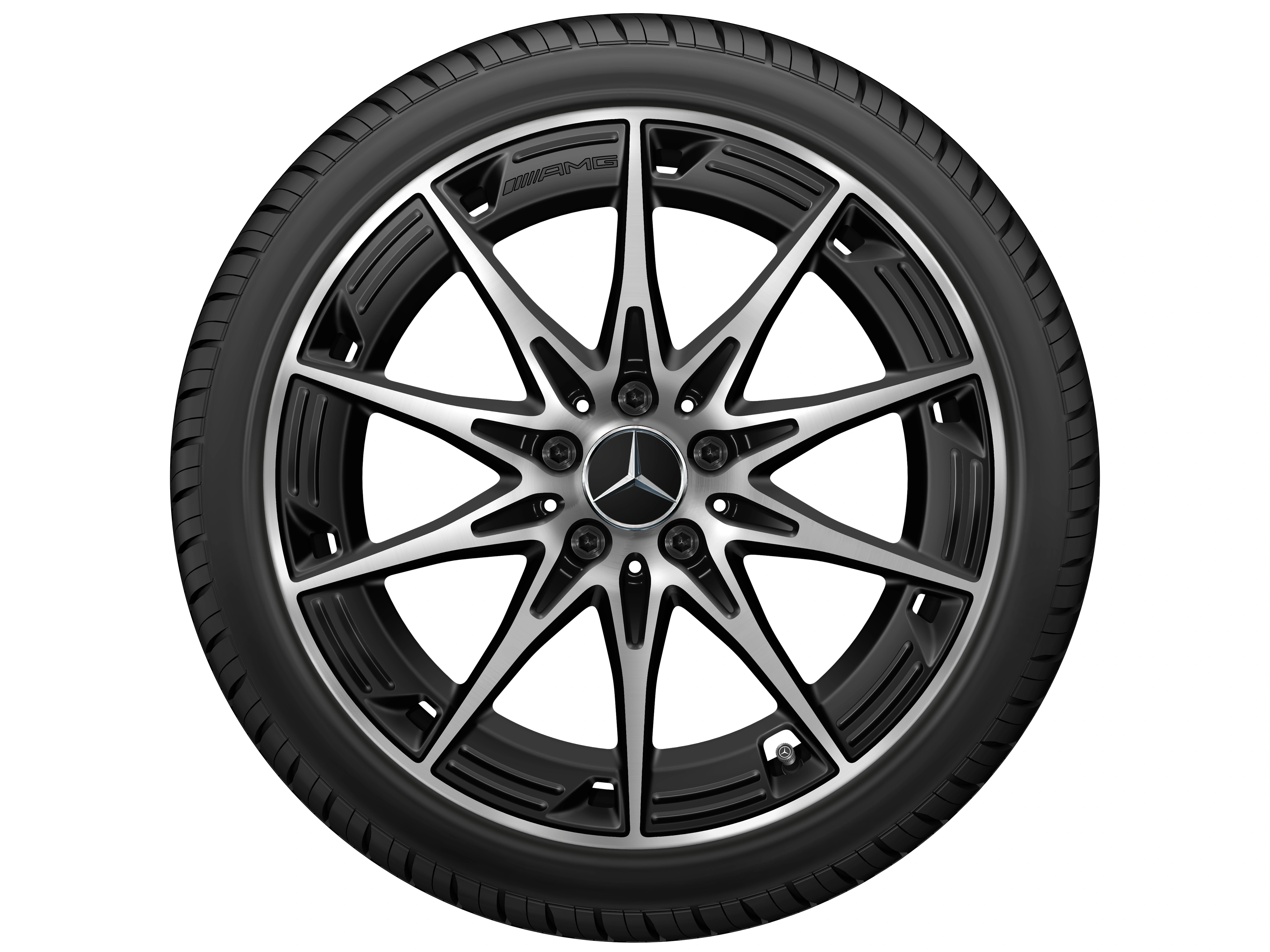 AMG Leichtmetallrad, im 10-Speichen-Design, 48,3 cm (19 Zoll), 9 J x 19 ET 48, schwarz matt, glanzgedreht, A17440118007X36 AMG Leichtmetallrad, im 10-Speichen-Design, 48,3 cm (19 Zoll), 9 J x 19 ET 48, schwarz matt, glanzgedreht, A17440118007X36