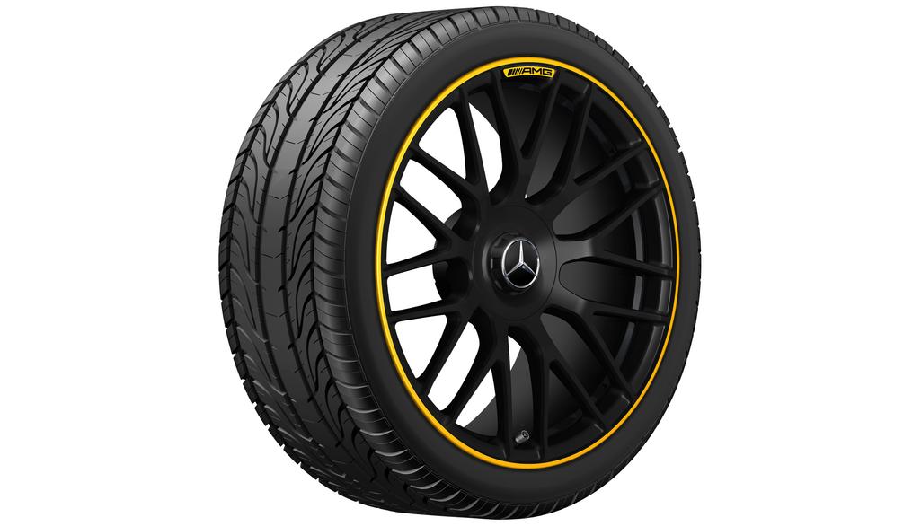 Cerchio forgiato AMG a razze incrociate, 48,3 cm (19 pollici), bordino verniciato di giallo, Classe C, 255/35 R19/, nero opaco, A20540159009Y43 Cerchio forgiato AMG a razze incrociate, 48,3 cm (19 pollici), bordino verniciato di giallo, Classe C, 255/35 R19/, nero opaco, A20540159009Y43