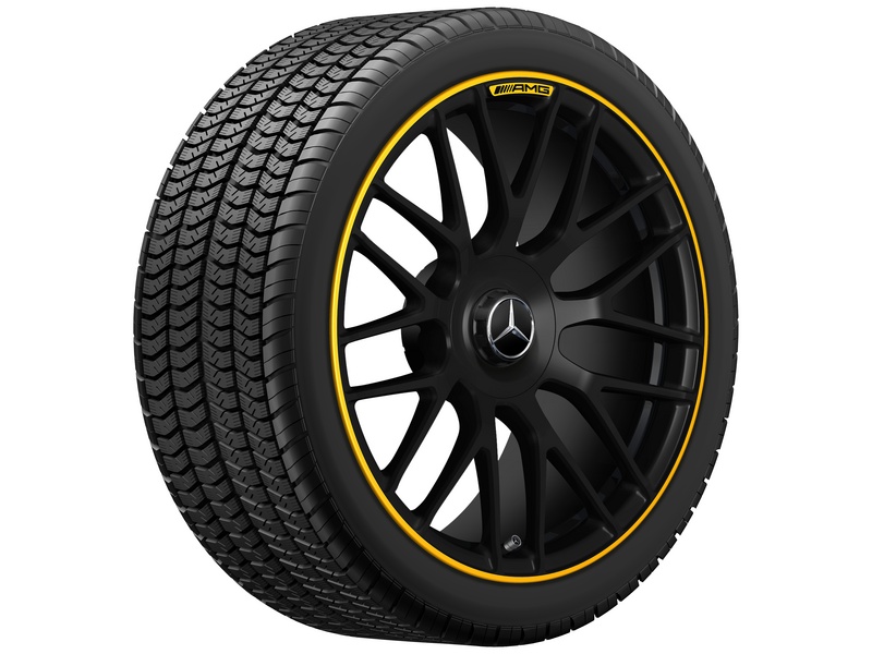 AMG Schmiederad im Kreuzspeichen-Design, 48,3 cm (19 Zoll), Felgenhorn gelb lackiert, C-Klasse, 255/35 R19/, schwarz matt, A20540159009Y43