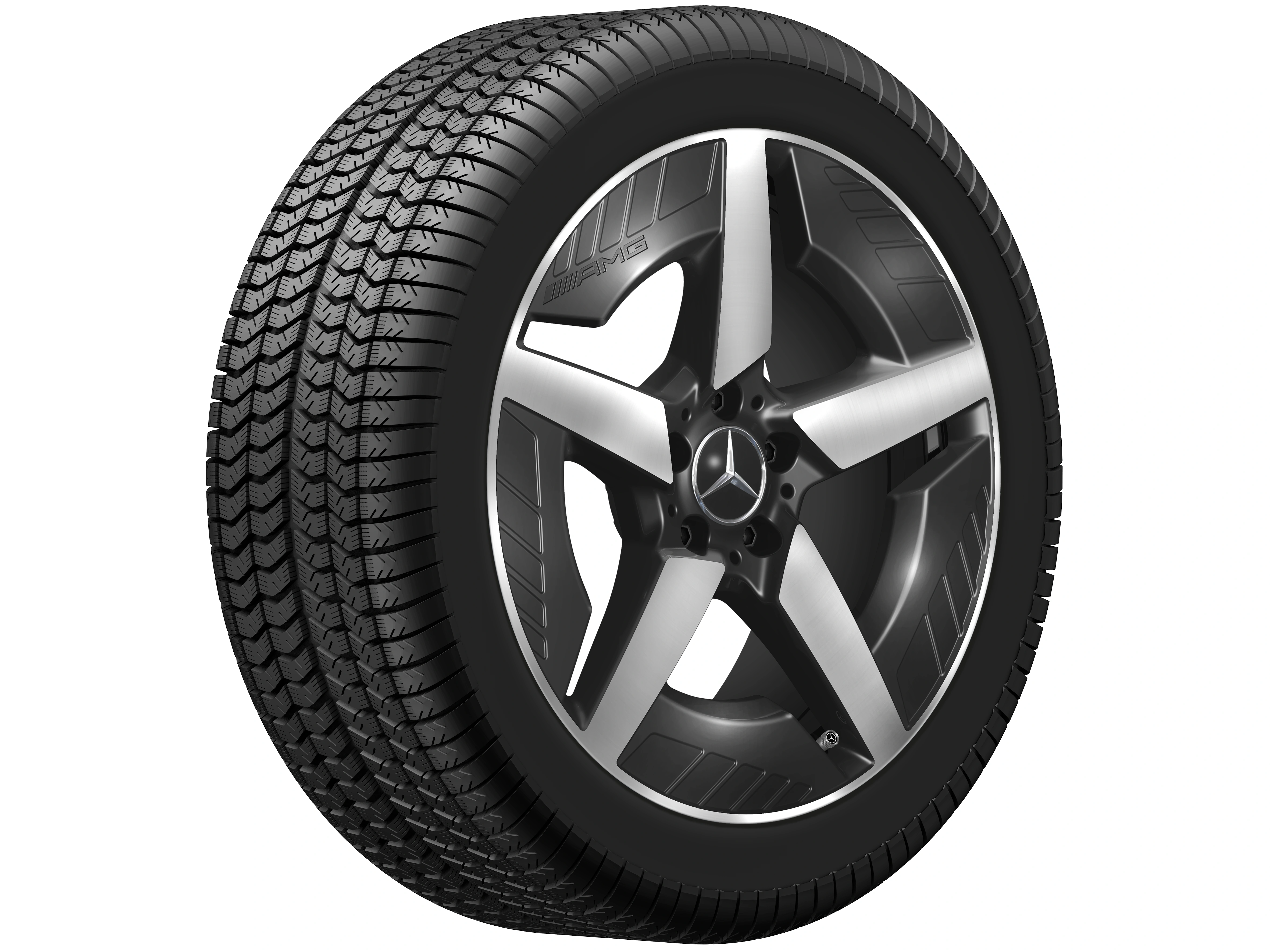 AMG Leichtmetallrad, im 5-Speichen-Design, 48,3 cm (19 Zoll), 9 J x 19 ET 58,7, schwarz, glanzgedreht, A52040115007X23 AMG Leichtmetallrad, im 5-Speichen-Design, 48,3 cm (19 Zoll), 9 J x 19 ET 58,7, schwarz, glanzgedreht, A52040115007X23