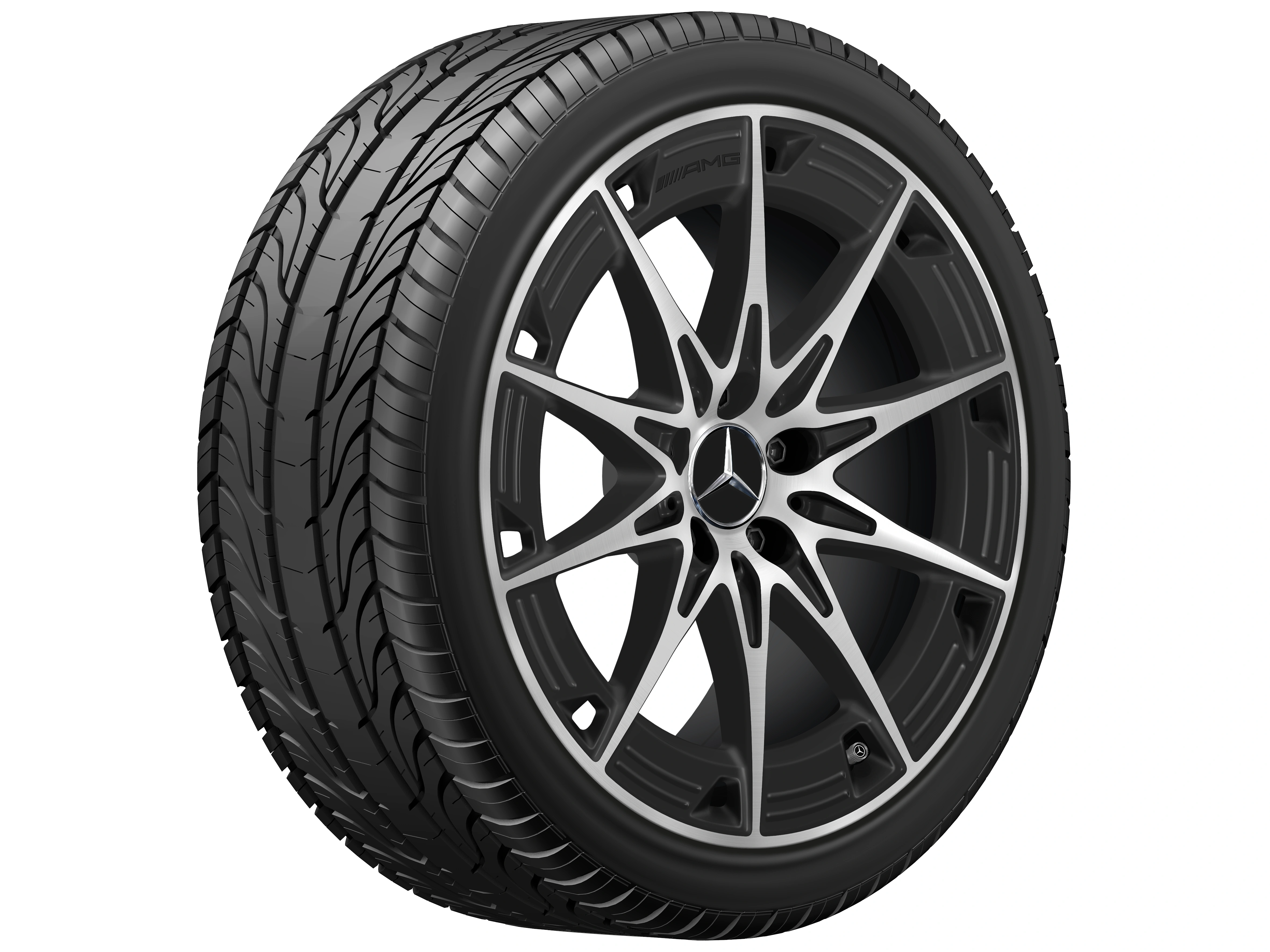 AMG Leichtmetallrad, im 10-Speichen-Design, 48,3 cm (19 Zoll), 9 J x 19 ET 48, schwarz matt, glanzgedreht, A17440118007X36 AMG Leichtmetallrad, im 10-Speichen-Design, 48,3 cm (19 Zoll), 9 J x 19 ET 48, schwarz matt, glanzgedreht, A17440118007X36