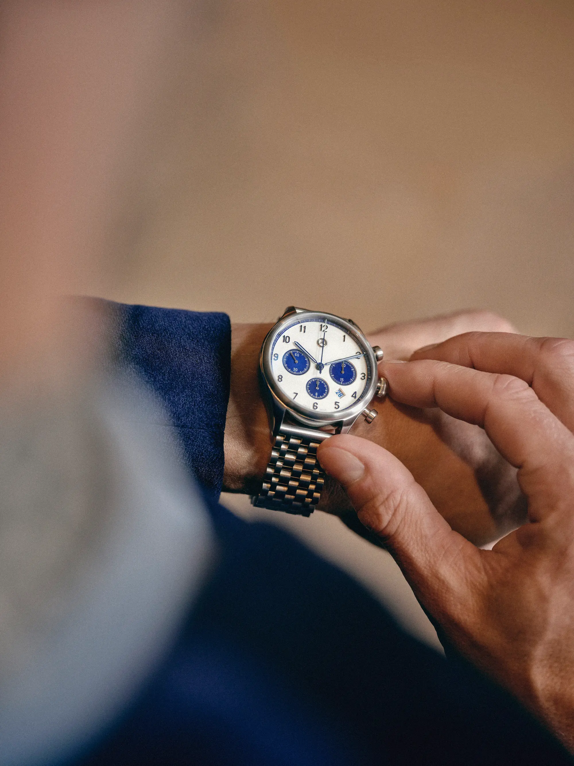 Chronograph, Herren, Classic Automatik, silberfarben / blau, Edelstahl, B66041800