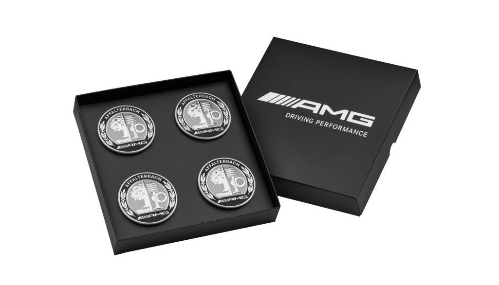 AMG wielnaafkap, met AMG embleem, set van 4, (bijv. S-Klasse/ GLC/ GLS), zilverkleurig, zwart, A0004005100 AMG wielnaafkap, met AMG embleem, set van 4, (bijv. S-Klasse/ GLC/ GLS), zilverkleurig, zwart, A0004005100